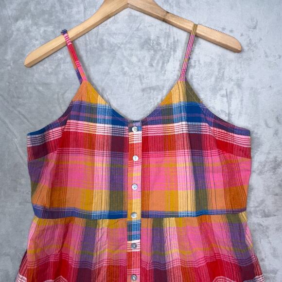 Evereve Dress L Sofia Boho Multicolor Plaid Tiered Button Midi Spaghetti Straps - Picture 7 of 10